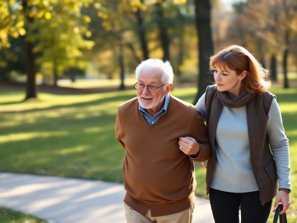 Eine vermittelte Begleiterin unterstützt einen Senior beim Spaziergang im Park